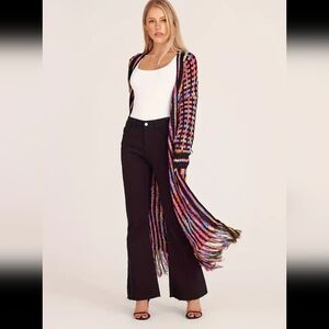 Women'S Chic Color Block Tassel Long Knit Cardigan - 100% Acrylic Open Front Swe